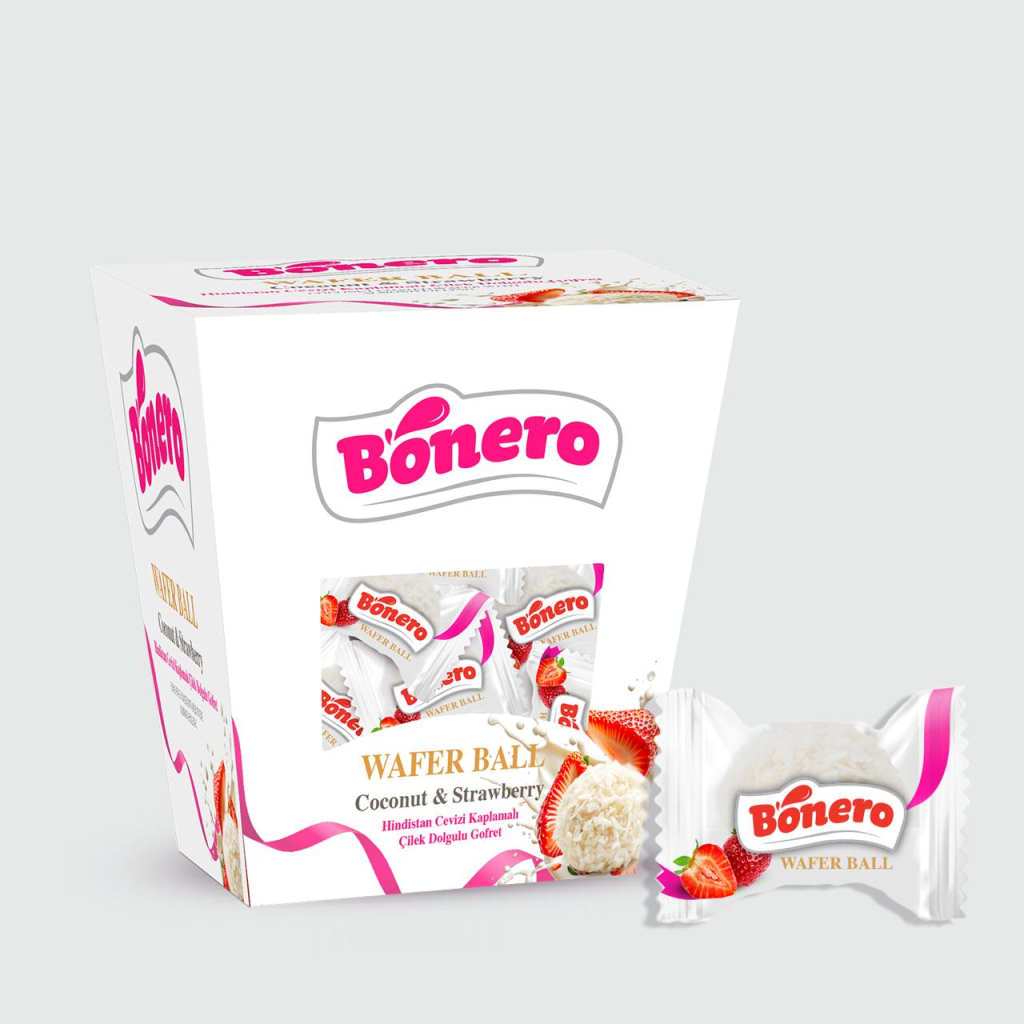 Bonero strawberry cream filled coconut wafer balls