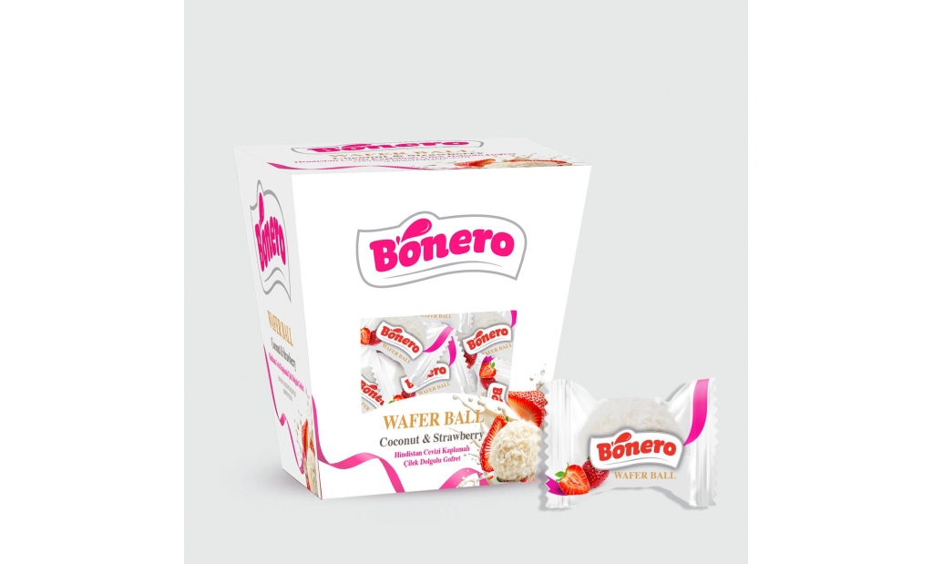 Bonero strawberry cream filled coconut wafer balls