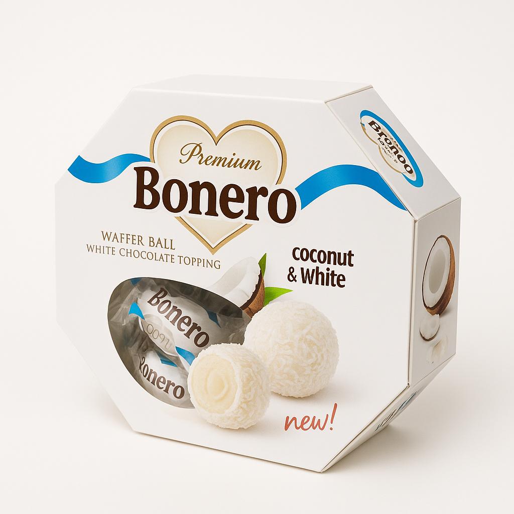 Bonero coconut wafer ball with coconut cream and white chocolate topping 