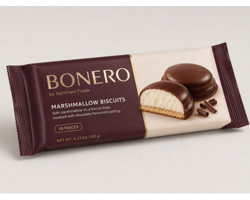 BONERO Marshmallow Biscuits Coated covred with Chocolate flavoured coating by Aprichem