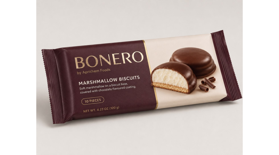 BONERO Marshmallow Biscuits Coated covred with Chocolate flavoured coating by Aprichem