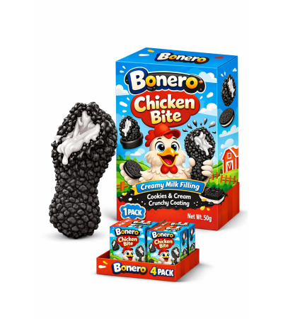 Bonero Chicken Bite Creamy Milk Filling Chocolate with Cookies & Cream Crunchy Coating