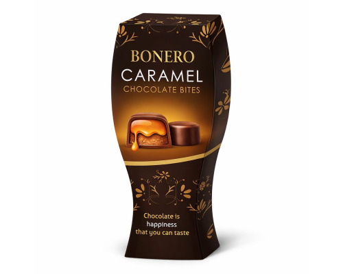Bonero chocolate pieces filled with caramel, double twist curved box