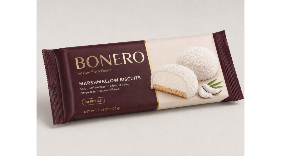 bonero marshmallow biscuits covered with coconut flakes by Aprichem